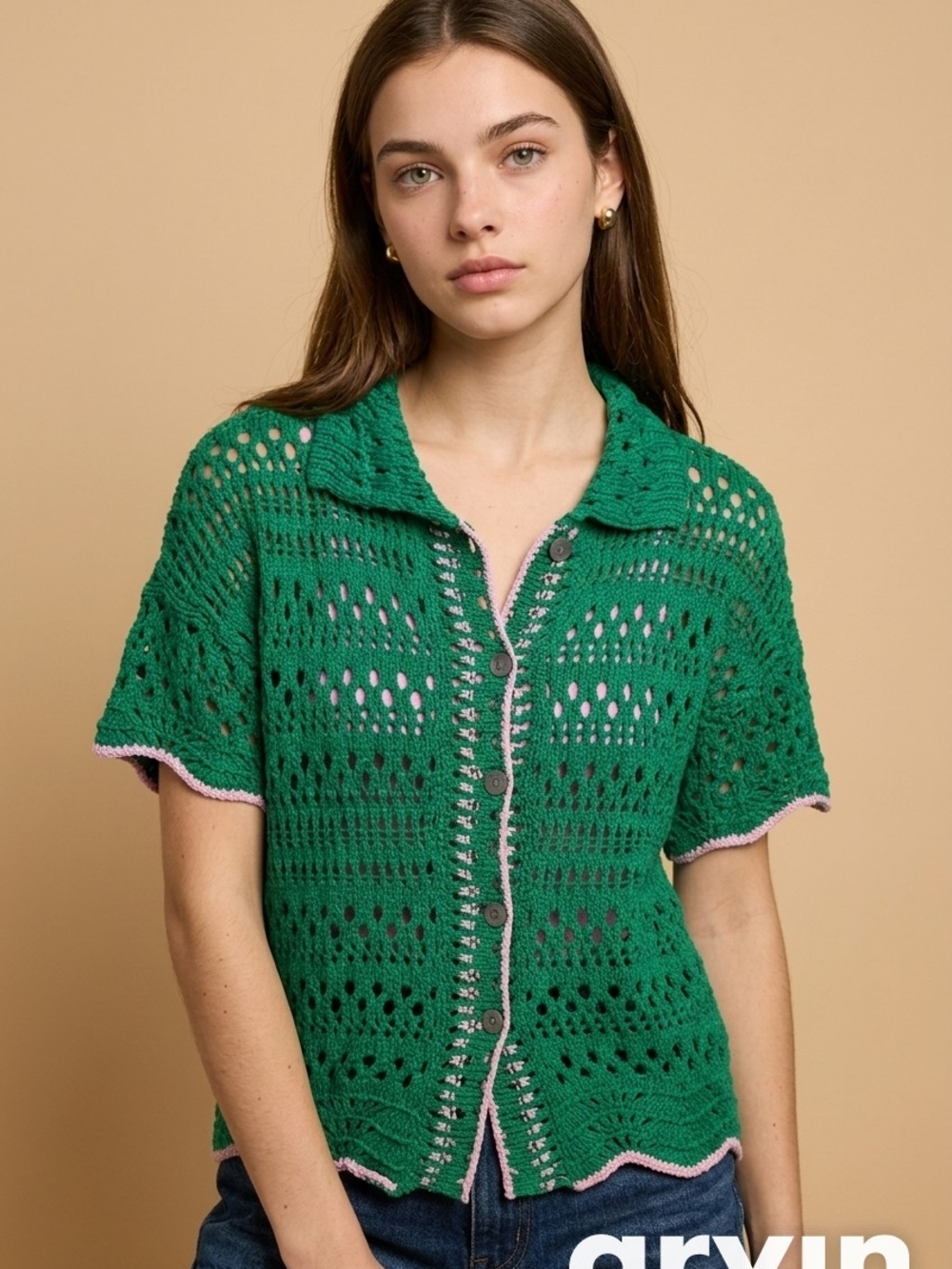 Free People Santa Cruz Club Green Crocheted Short Sleeve